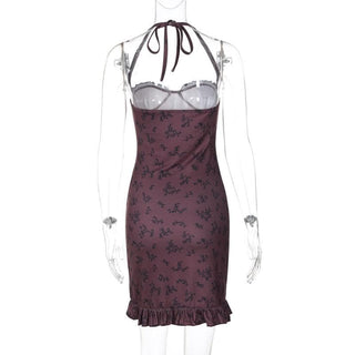 Halter print ruffle knotted backless mini dress