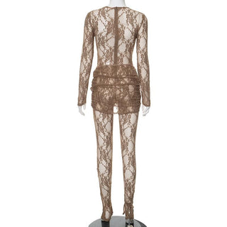 Long sleeve ruched lace zip-up see through 2 piece jumpsuit