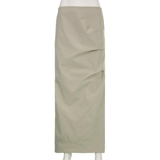 Ruched solid zip-up slit cargo maxi skirt