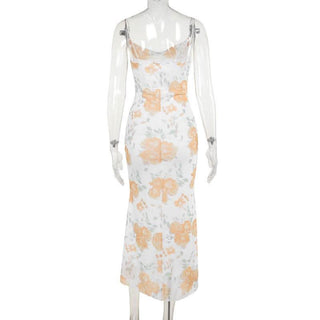 Mesh cowl neck flower print spaghetti strap midi dress