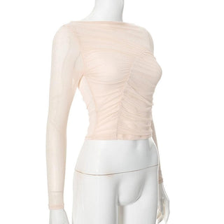 Long sleeve sheer mesh off shoulder ruched crop top
