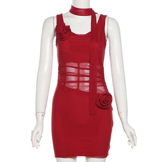 Cowl neck sheer mesh flower applique cami mini dress