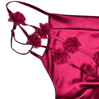 Cowl neck satin flower applique backless cami maxi dress