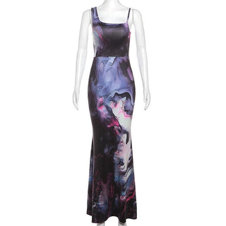 Contrast print irregular sleeveless backless maxi dress