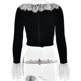 Long flared sleeve lace patchwork velvet zip-up top