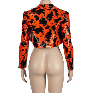 Turnover collar long sleeve PU leather print top
