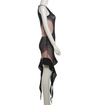 Sleeveless crewneck print irregular mesh mini dress