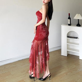 Ruched mesh loong print ruffle tube midi dress