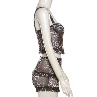 Leopard print mesh button cami short pant set
