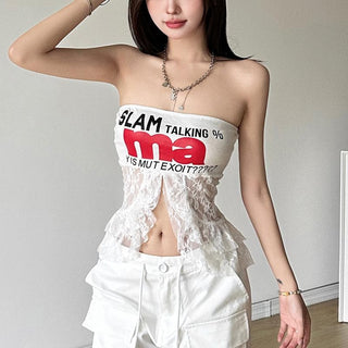 Lace patchwork letter pattern crop top
