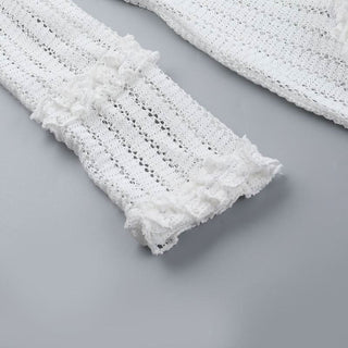 Long sleeve v neck lace slit knitted midi dress