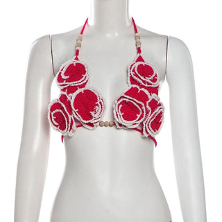 Flower applique beaded v neck self tie bra top