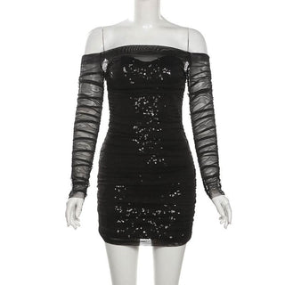 Off shoulder glitter long sleeve mesh ruched mini dress