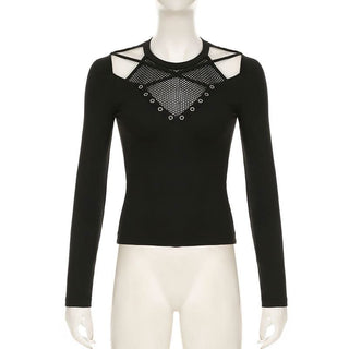 Long sleeve cross front hollow out fishnet patchwork cut out top