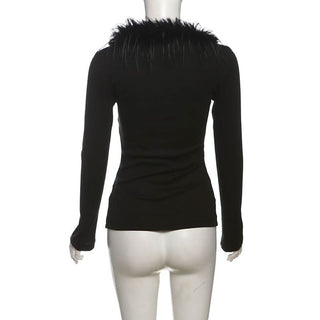 Long sleeve fluffy v neck glitter solid top
