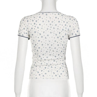 Short sleeve patchwork flower applique print top