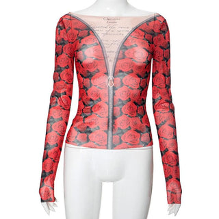 Long sleeve round neck rose print sheer mesh top