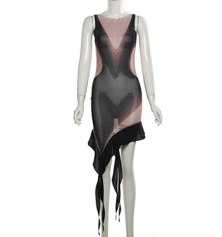 Sleeveless crewneck print irregular mesh mini dress