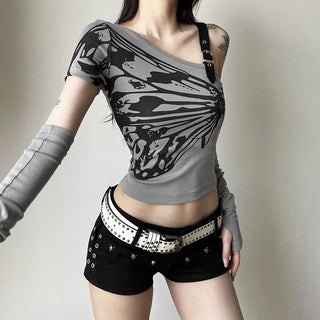 Irregular short sleeve gloves butterfly print top