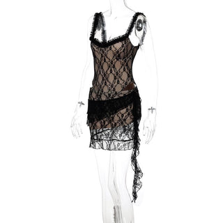 Lace ruffle ruched hollow out cami cut out mini dress
