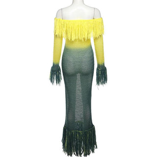 Crochet tassels off shoulder contrast long sleeve maxi dress-final-sale