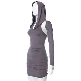 Hoodie ruched shrug long sleeve solid mini dress