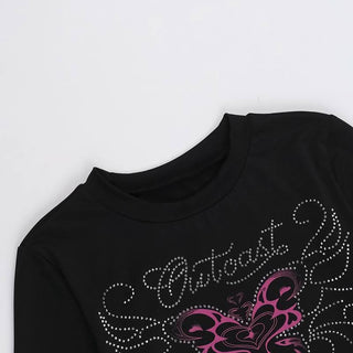 Long sleeve beaded butterfly pattern crewneck top