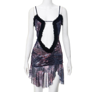 Double layered mesh ruffle hollow out cami cut out mini dress