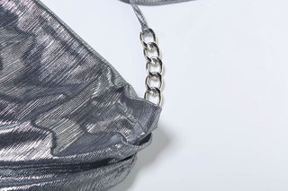 Cowl neck halter metal chain hollow out cut out mini dress