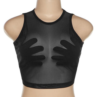 Sheer mesh see through palm embroidered crewneck crop top