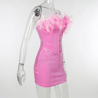 Velvet feather button tube mini dress