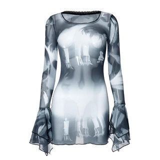 Long flared sleeve sheer mesh print ruffle mini dress