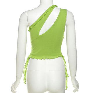 Irregular hollow out ruffle mesh solid one shoulder cut out top