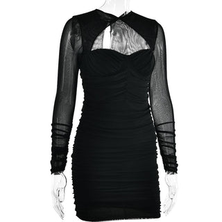 Hollow out ruched mesh long sleeve zip-up button cut out mini dress