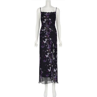 Butterfly print lace hem slit mesh cami maxi dress