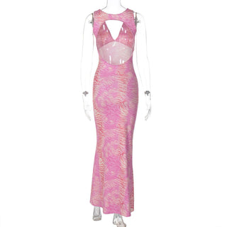 Sleeveless v neck print backless maxi dress