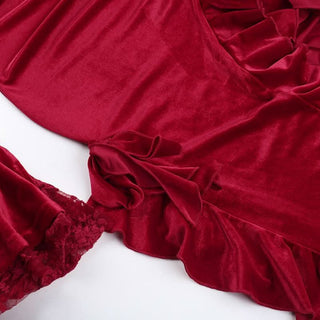 Long flared sleeve velvet ruffle slit midi dress