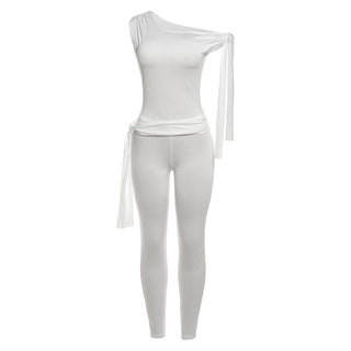 One shoulder self tie irregular solid high rise pant set