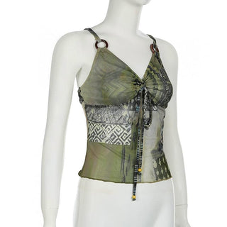 O ring ruched patchwork beaded mesh knotted cami top