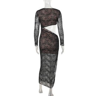Crewneck long sleeve lace hollow out cut out maxi dress