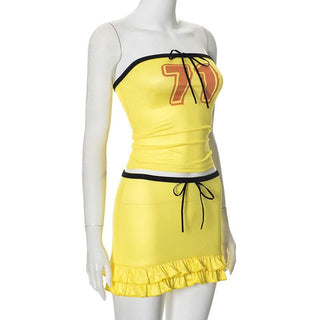 Halter knotted "71" print ruffle tube mini skirt set