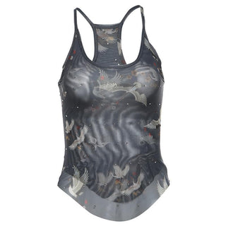 U neck sheer mesh print beaded tank top