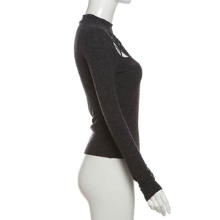 High neck long sleeve beaded cross pattern hollow out cut out top