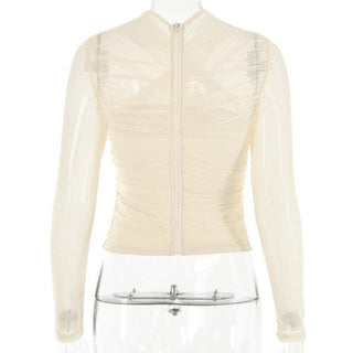 Cross front ruched mesh long sleeve solid top