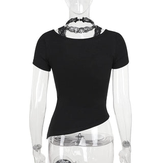 Short sleeve u neck halter lace irregular top