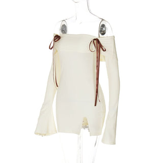 Off shoulder long flared sleeve bowknot ribbed mini dress