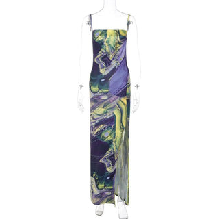 Sleeveless contrast print slit backless cami dress