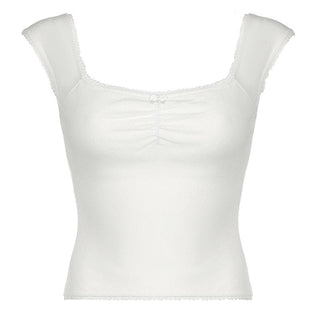 Cap sleeve ribbed bowknot textured lace hem top