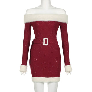 Off shoulder long sleeve beaded fluffy belt mini dress