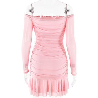 Long sleeve off shoulder ruched mesh mini dress